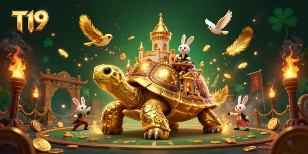 Join the exciting world of T19 with a golden tortoise casino and a rabbit dealer amidst sparkling treasures.