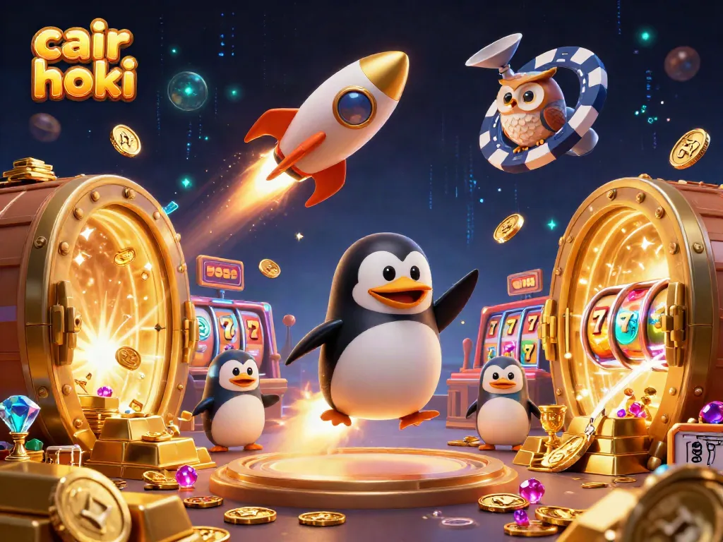 Permainan menarik di cair hoki dengan penguin emas bercadar roket dan chip poker besar.