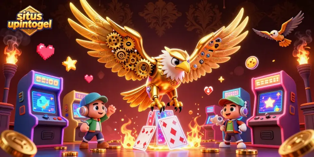 Gambarlah situs upintogel dengan elang emas cybernetic yang menyelam melewati kartu holografik.