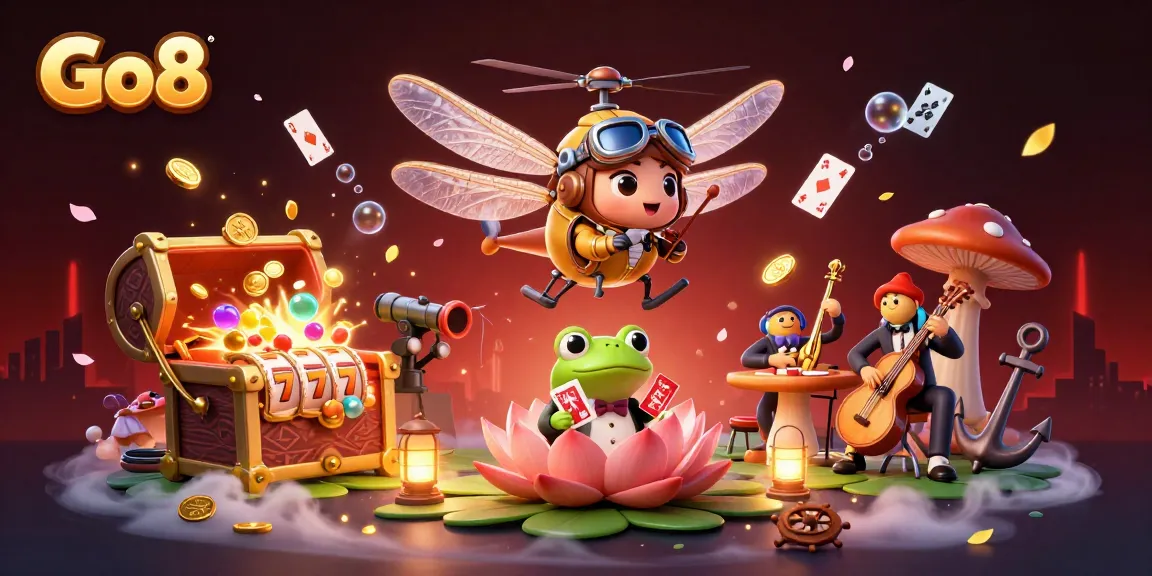 Go8 captivating casino scene featuring a dragonfly pilot and frog croupier dealing cards.