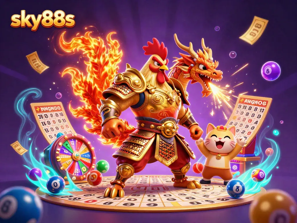 Engage in thrilling action at sky88s with a vibrant casino scene featuring a warrior rooster and a dragon hatchling.