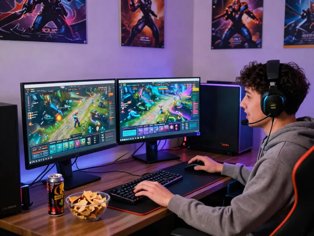 NAGASLOT77 pemain game online dengan setup komputer interaktif di ruang permainan yang nyaman.