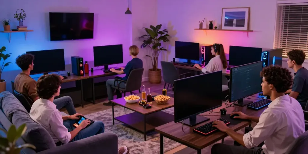 players enjoying a gaming night with luxury12 slots in a vibrant living room