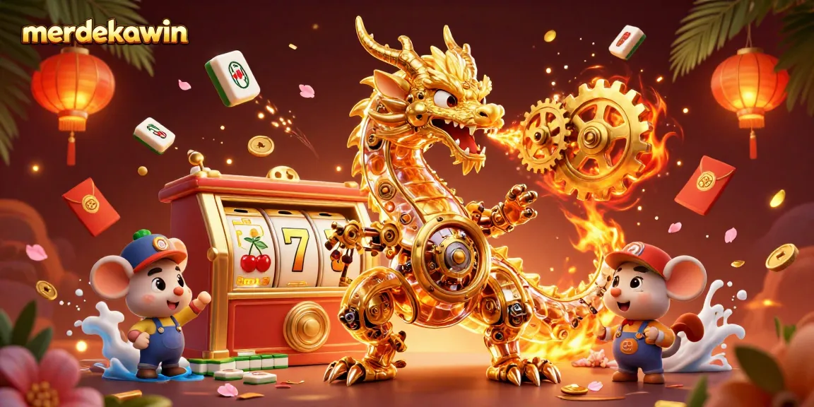 Gambarkan merdekawin dengan permainan slot yang dikelilingi naga emas 3D dan elemen judi menarik lainnya.