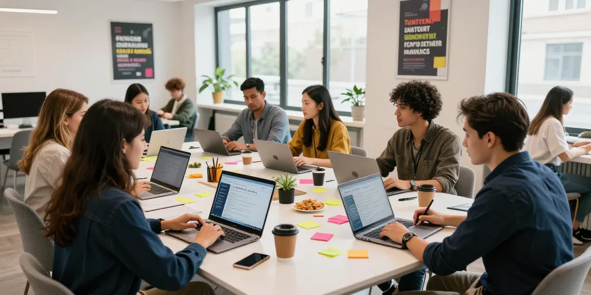 Collaborative job search scene with professionals discussing หางาน strategies in a modern workspace.
