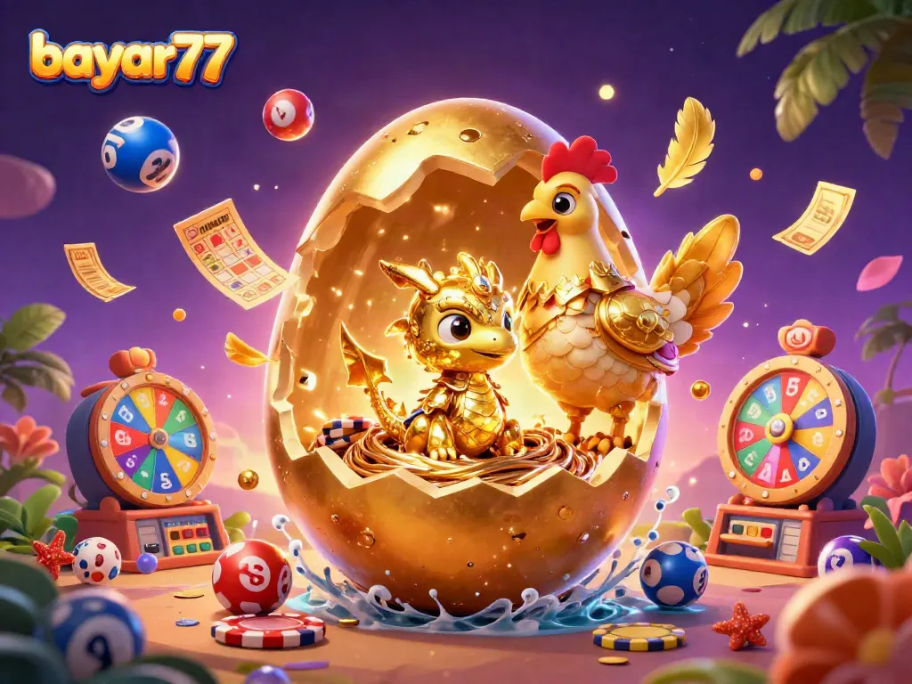 Experience thrilling games with bayar77, a vibrant golden dragon amidst colorful lottery elements.