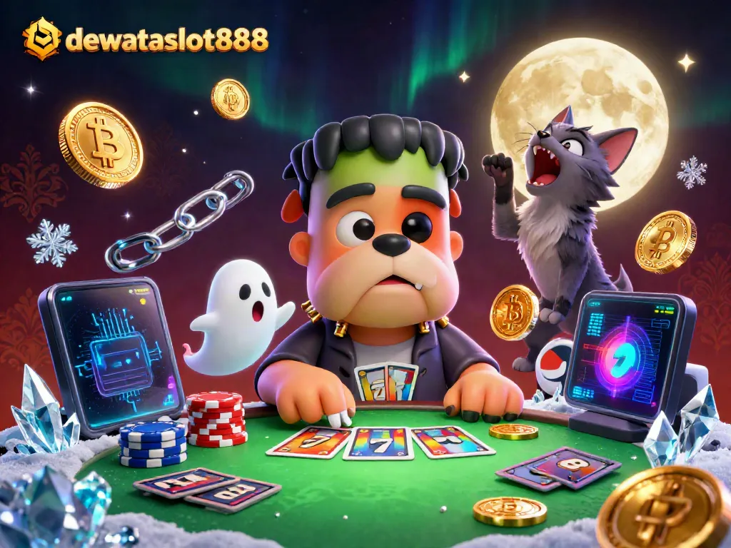 Permainan kartu di website dewataslot888 dengan karakter monster dan simbol slot yang menarik