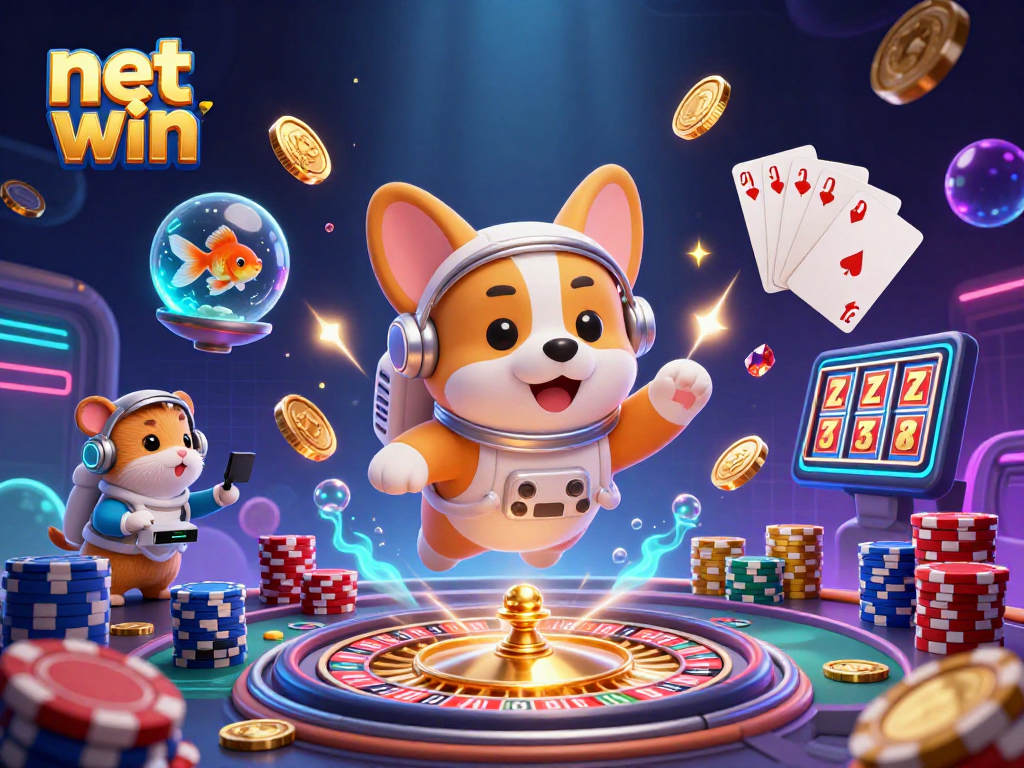 Experience net win in a vibrant casino scene with floating characters and dazzling game elements.