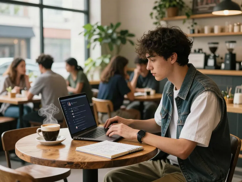 Young entrepreneur working on peh888 ideas at a coffee shop