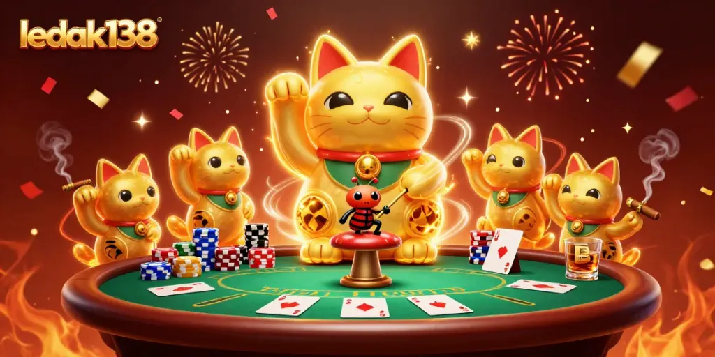 Gambarkan pengalaman bermain di ledak138 dengan simbol kasino, poker, dan karakter menarik yang menyapa pemain.