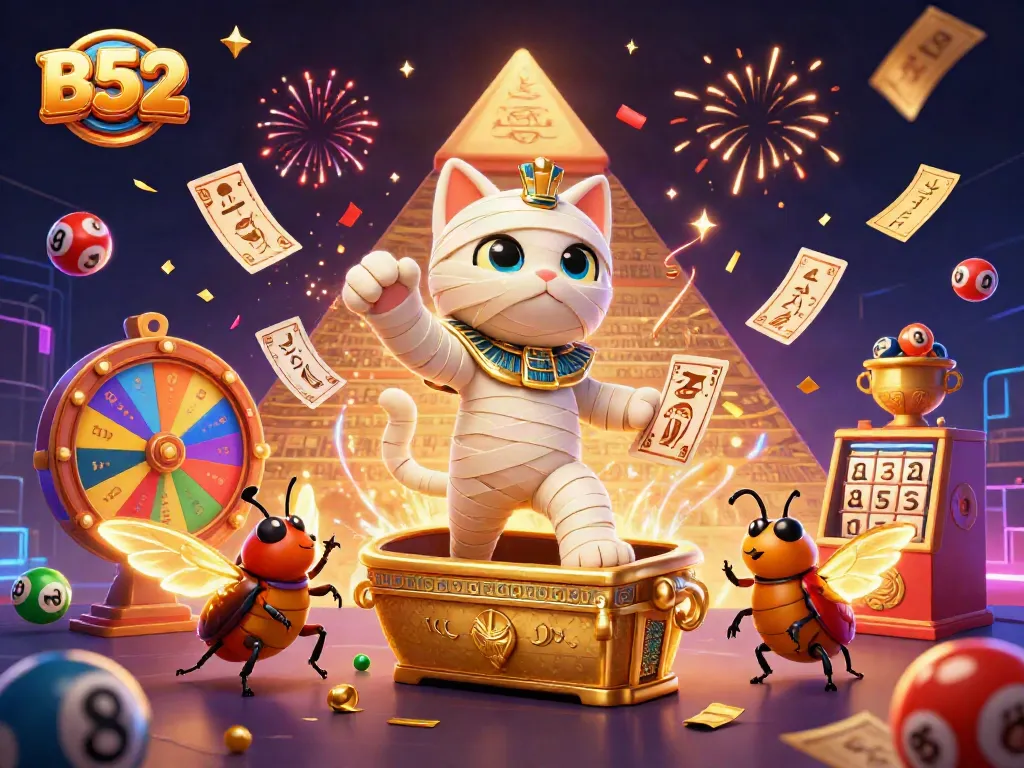 Engage in B52 excitement with a vibrant casino scene featuring a mummy cat and glowing cards.