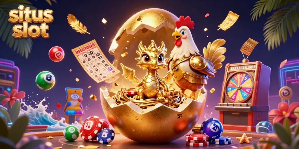 Experience the excitement of situs slot with a golden dragon, poker chips, and vibrant casino elements.