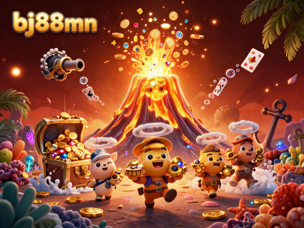 Bettors explore treasure-filled adventures in bj88mn, with a volcano erupting coins and vibrant casino elements.