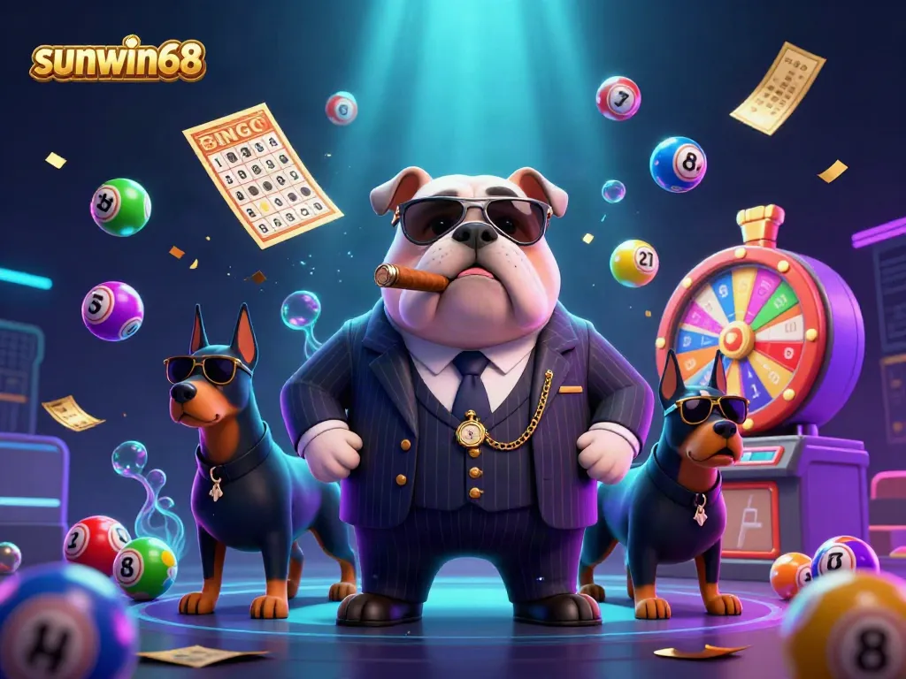 Experience the thrill at sunwin68 with 3D mafia-themed casino elements and characters in a dynamic scene.
