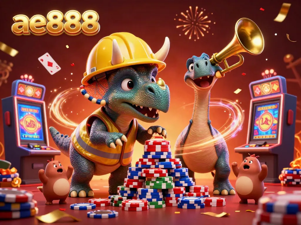 A vibrant casino scene where ae888 characters celebrate with casino chips and confetti, emphasizing online gaming excitement.