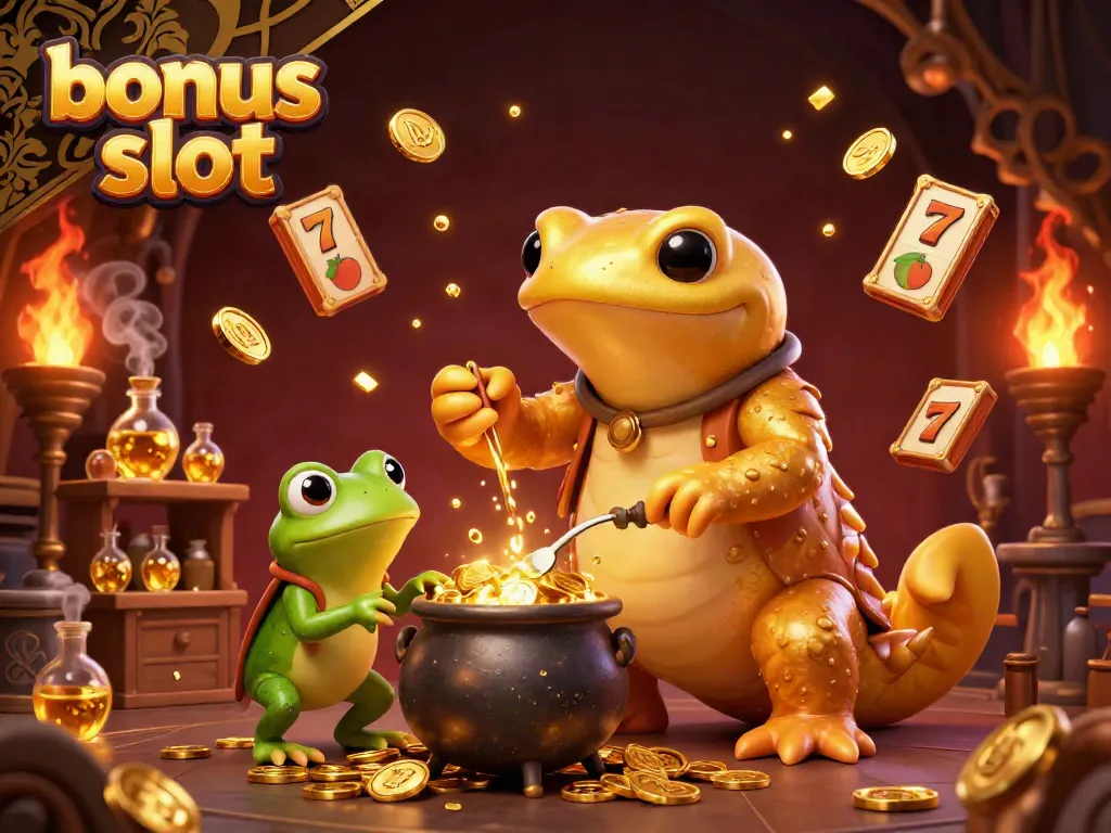 Engage with bonus slot excitement featuring golden salamander alchemist transmuting base metals amidst colorful slot reels.