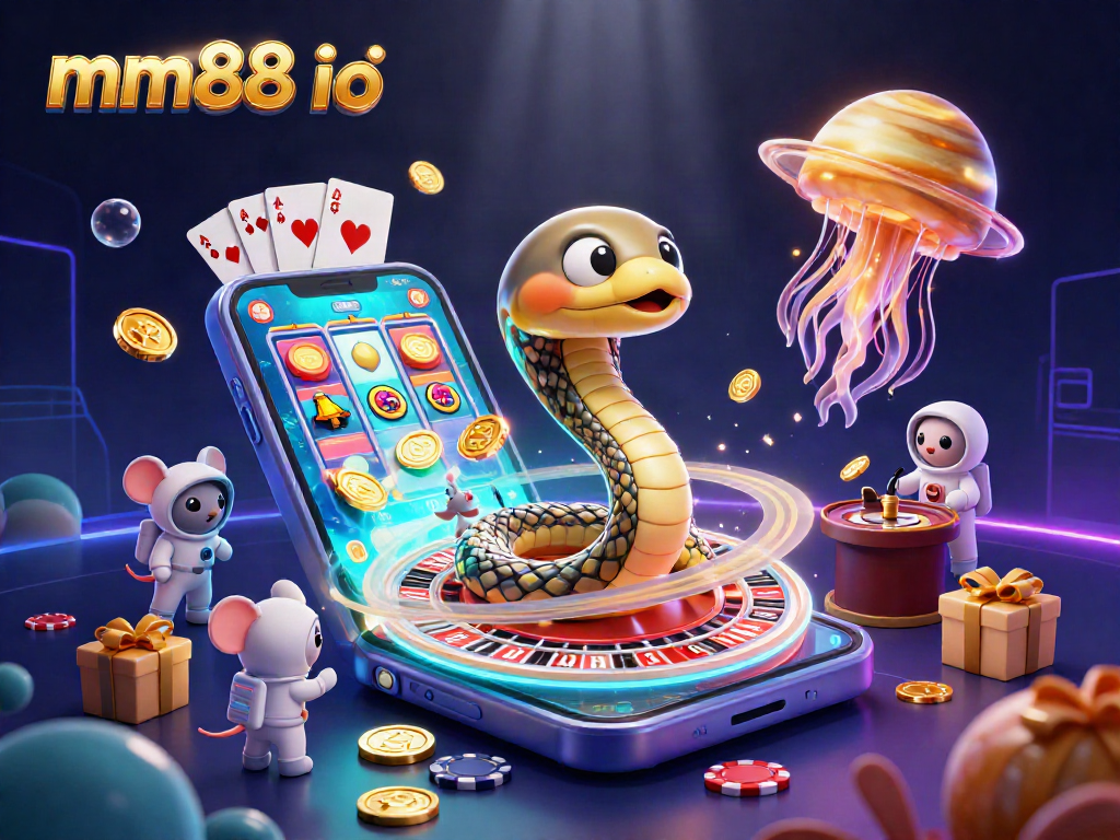 Bet on exciting games at mm88 io with a vibrant cosmic casino scene of a Saturn ring snake.