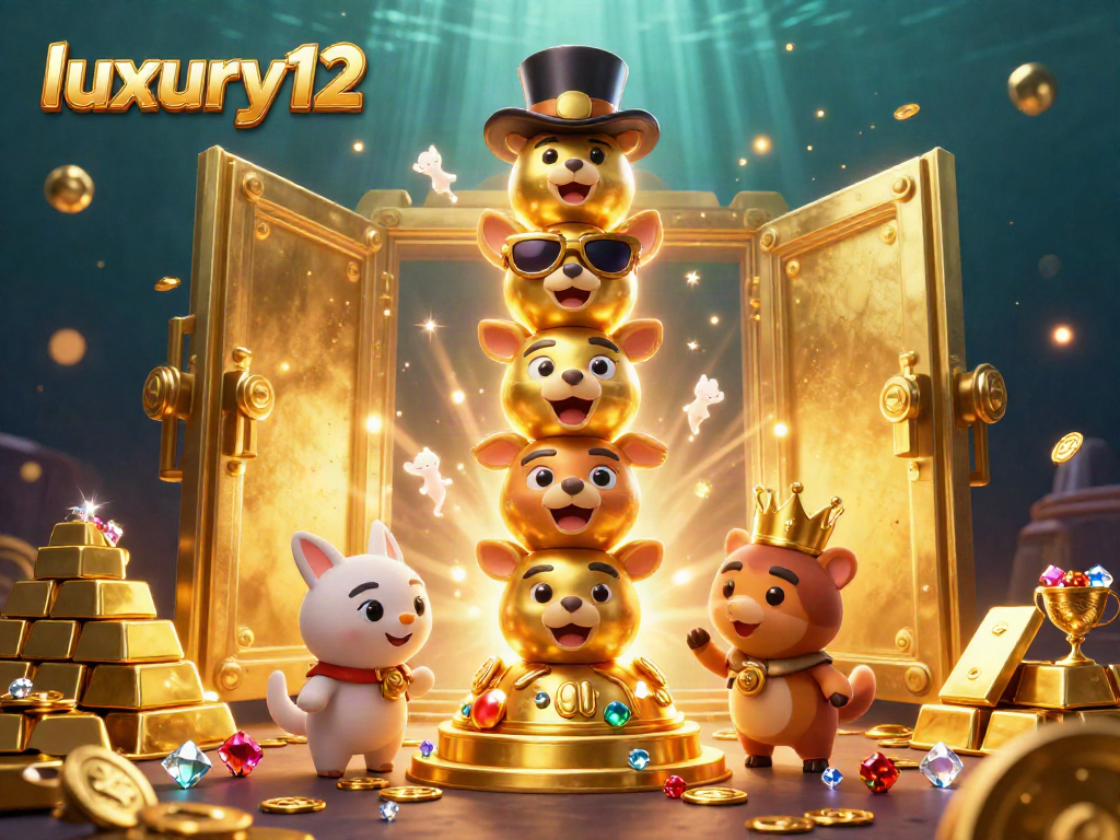 Spin the reels at luxury12 with a vibrant 3D casino illustration showcasing gold treasures and lively characters.