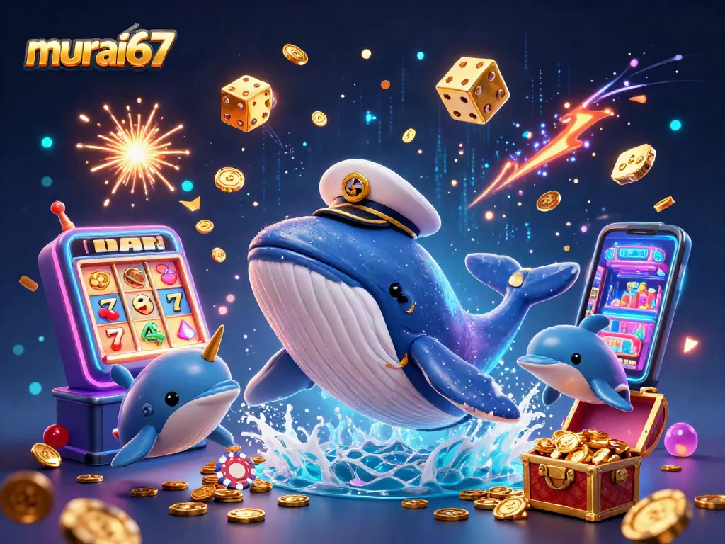 Capture the excitement of murai67 with a cartoon whale and playful dolphins in a vibrant casino scene.