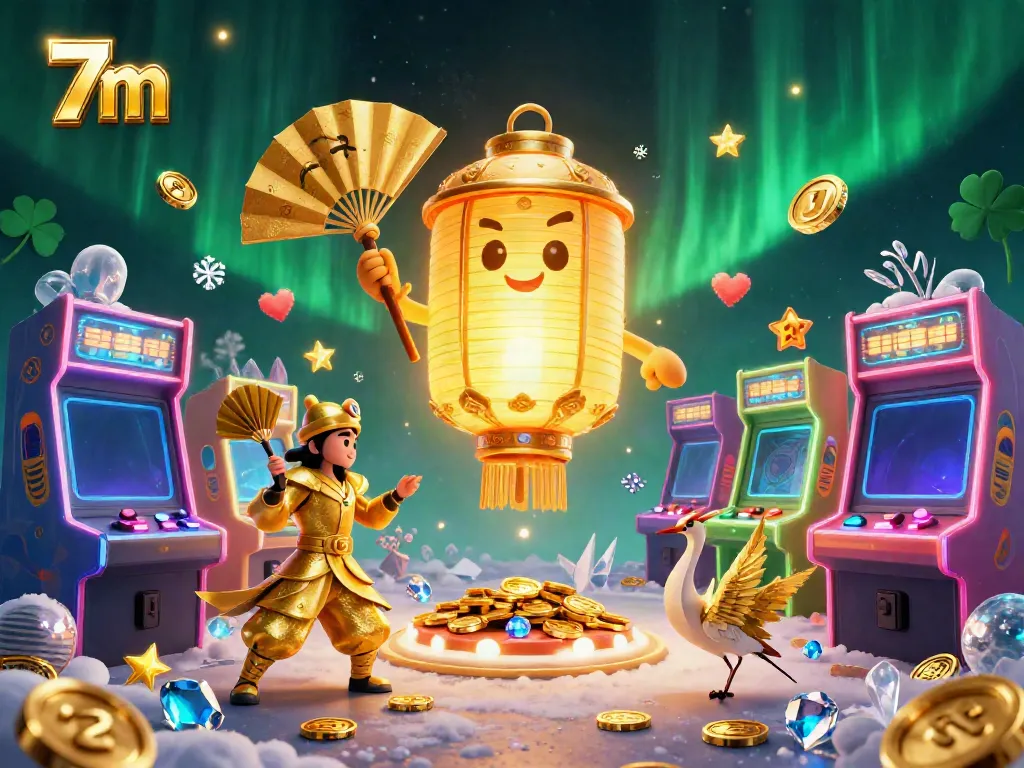 Experience exciting 7m gaming action in a vibrant casino scene filled with glowing game elements and dynamic characters.