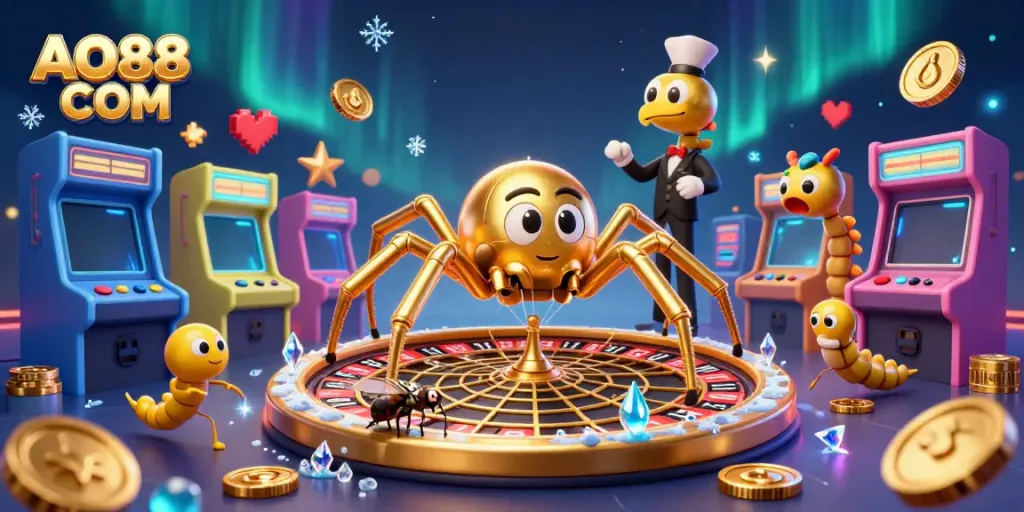 Experience AO88 COM where a fly nervously bets near a roulette wheel web spun by a golden spider.