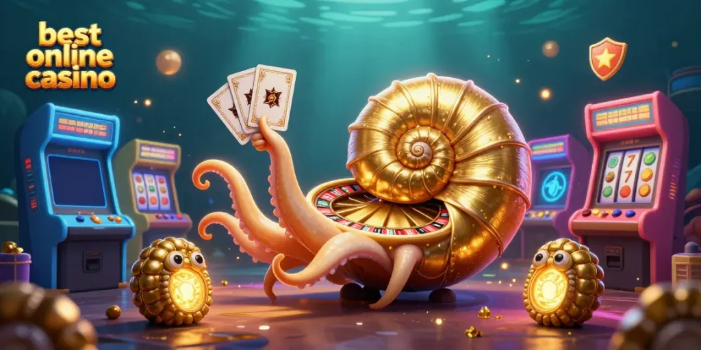 Experience the vibrant world of the best online casino, featuring a nautilus roulette wheel and glowing ammonite companions.