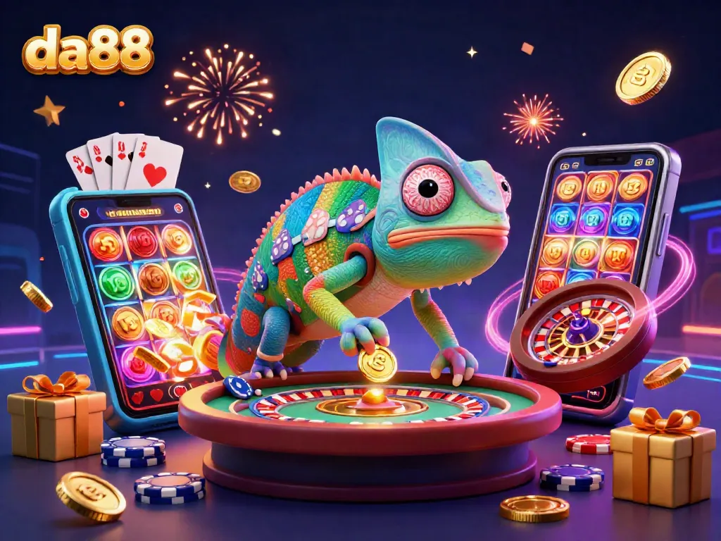 da88 chameleon casino owner collecting coins with vibrant slot elements for a glamorous gambling scene