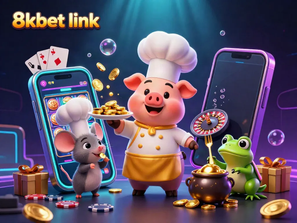Win big at 8xbet link with vibrant 3D casino adventure featuring gold coins and gaming characters.