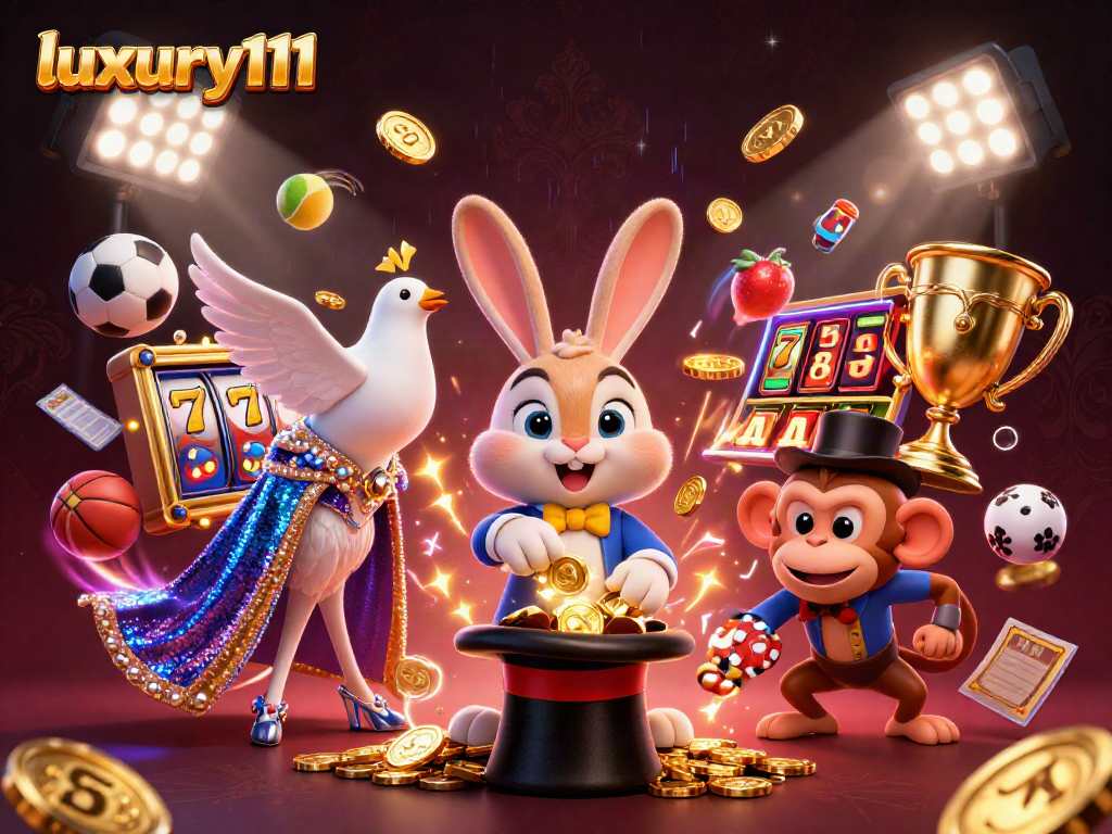 Engaging scene of luxury111 showcasing a magician rabbit and characters at a bustling slot game.