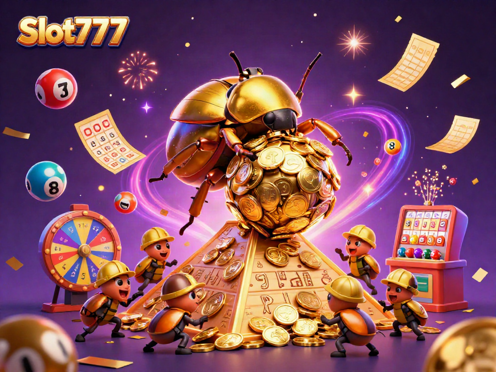 Spin the Slot777 reels with colorful lottery elements and vibrant confetti in this dynamic 3D illustration.
