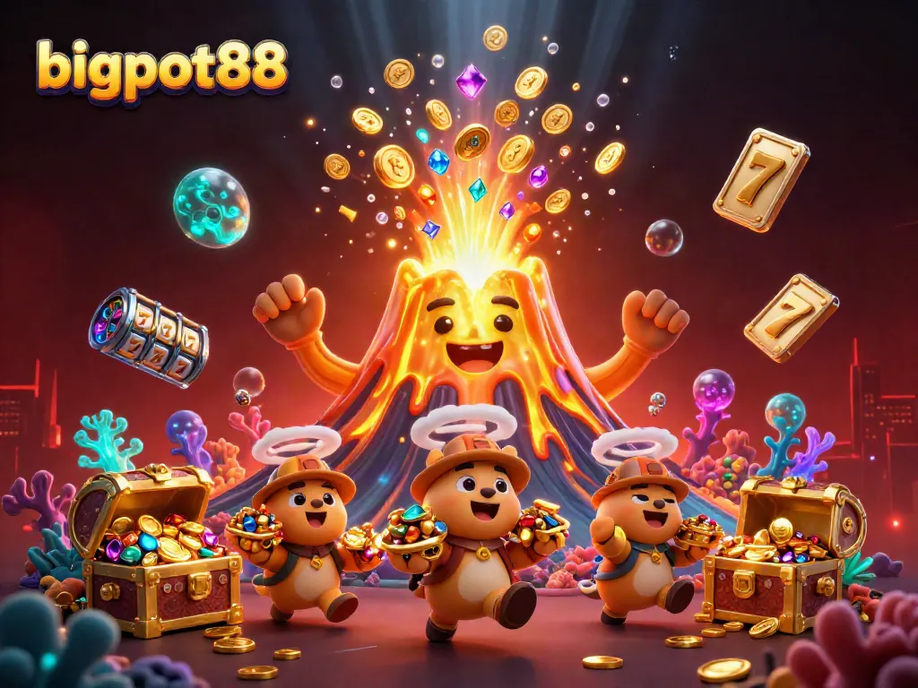 Experience the thrill of bigpot88 with a vibrant 3D scene of a volcano erupting treasure and lively wildlife.