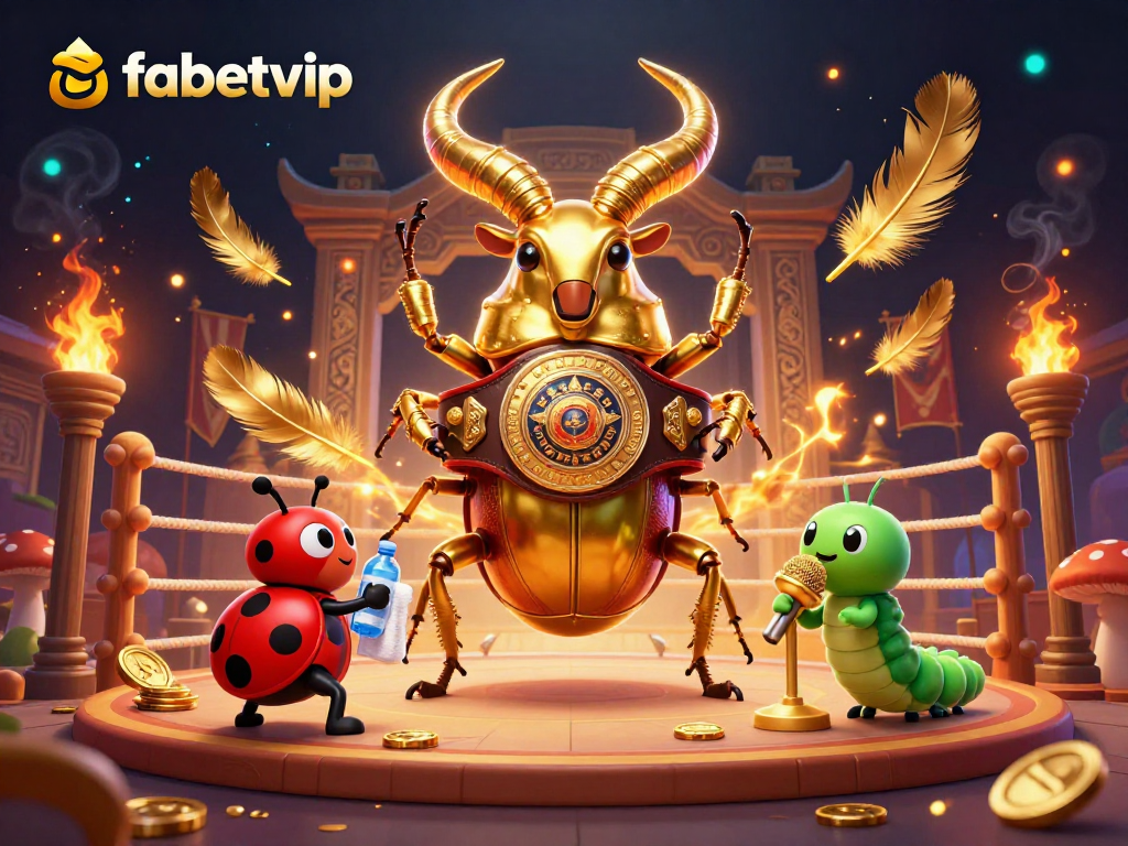 Engage in dynamic action at fabetvip with a golden stag beetle champion amidst casino elements.