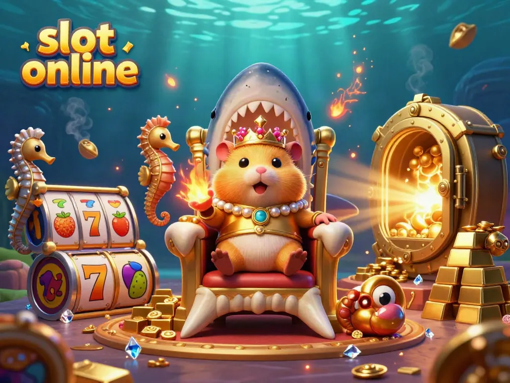 Experience thrilling slot online action with a tiny golden hamster king and his seahorse guards amidst a treasure-filled scene.