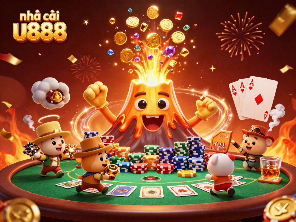 Experience the thrill of nhà cái u888 with an erupting volcano of coins and treasures in a vibrant casino scene.
