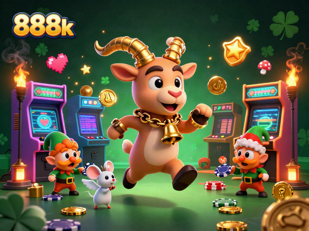Engage with 888k in a vibrant holiday-horror casino scene full of gaming excitement and animated characters.