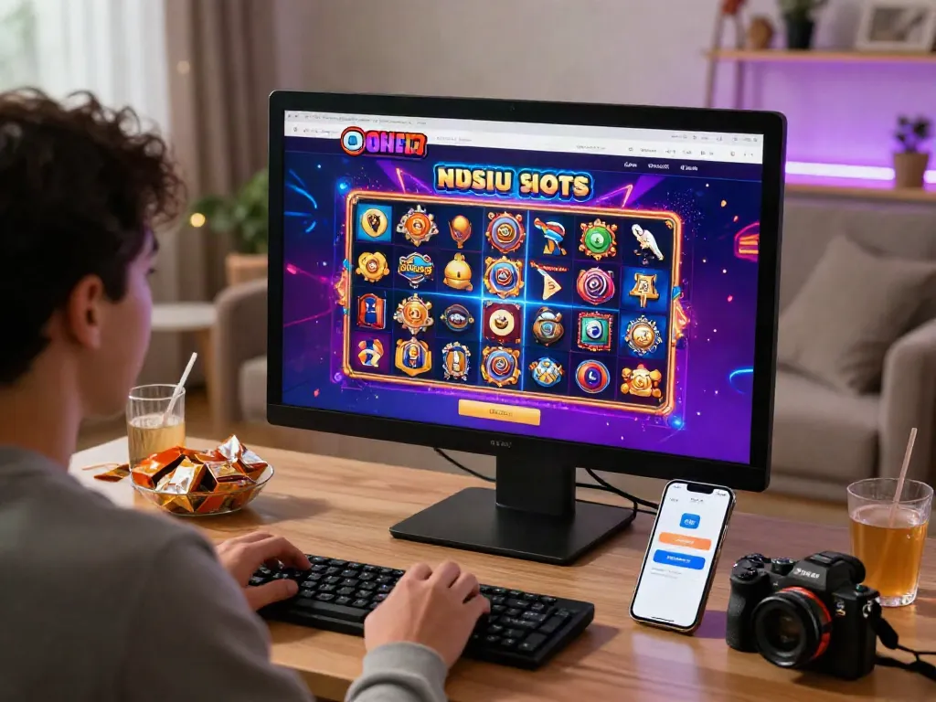 Engaging gaming scene showing a user playing slot gacor games on a computer with colorful graphics and cozy setup.