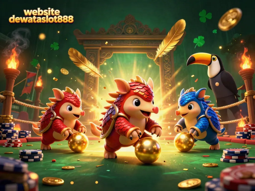 Menggulung chip poker di website dewataslot888, pangolin bersenjata merah dan biru dengan efek keemasan.