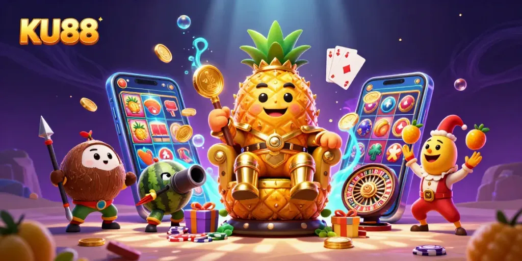 Experience thrilling gameplay with KU88's golden pineapple king and dynamic casino elements.