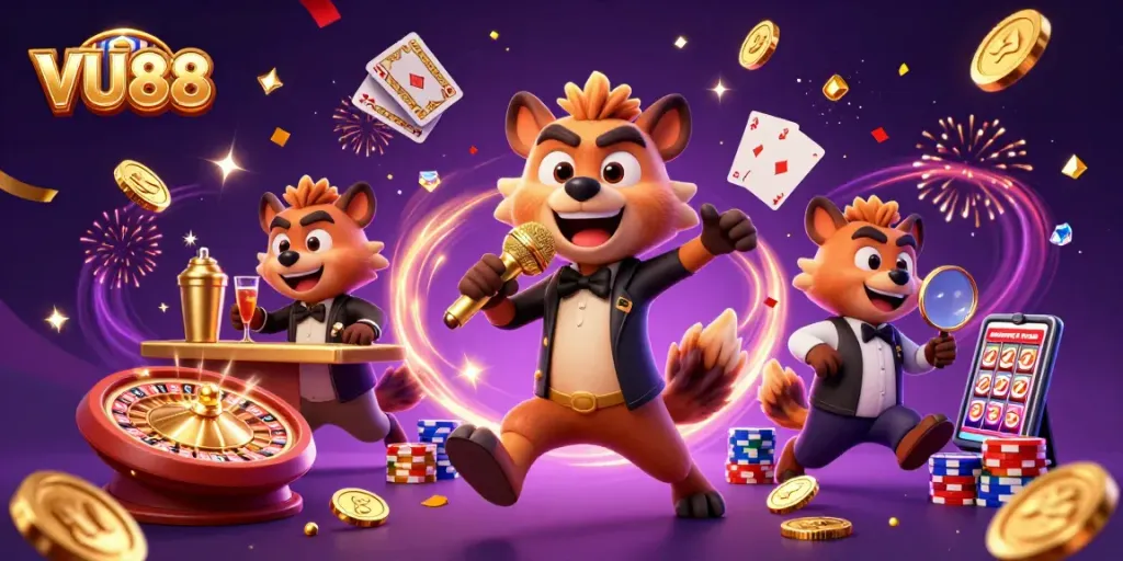 Experience VU88's dynamic comedy casino scene filled with vibrant gaming elements and lively characters.