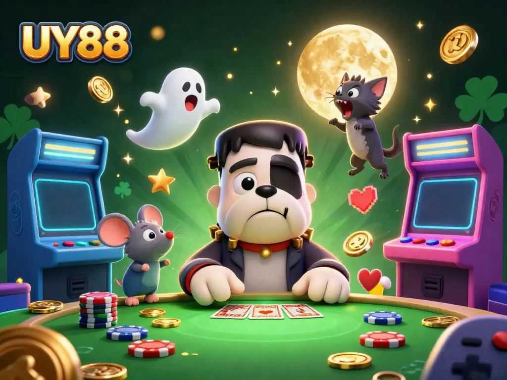 Engage in UY88 casino fun with a lively 3D illustration of a bulldog monster dealing cards amidst vibrant gaming elements.