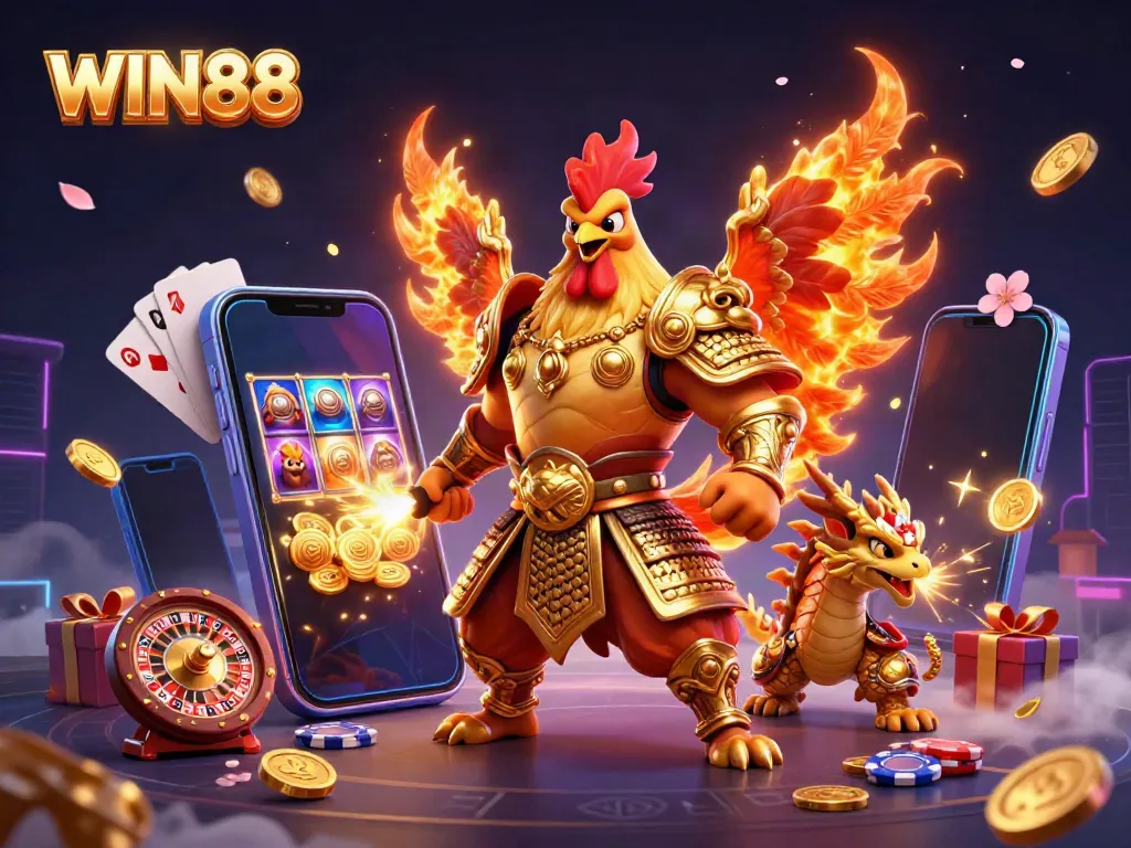 Win88 illustration showcasing a dynamic fighting rooster warrior, dragon hatchling, and gaming elements in a vibrant casino scene.