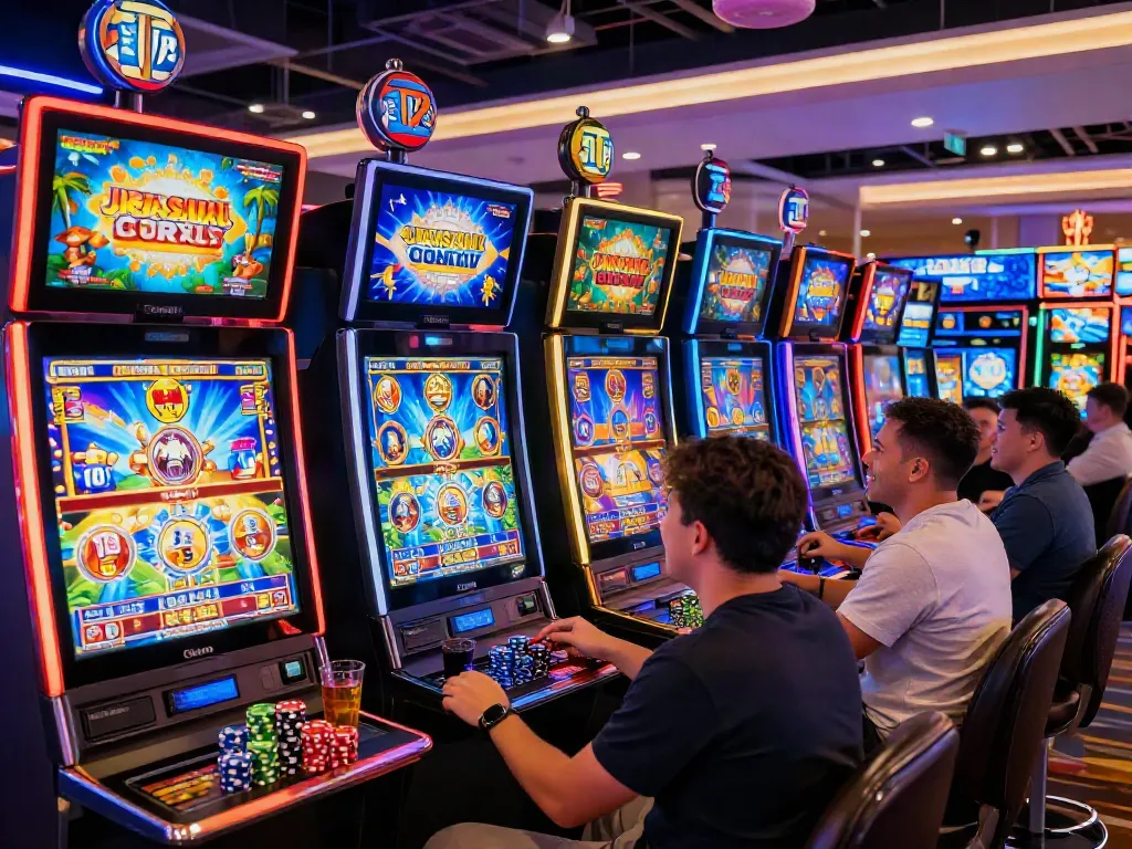 Exciting slot game experience in a vibrant casino with diverse players.
