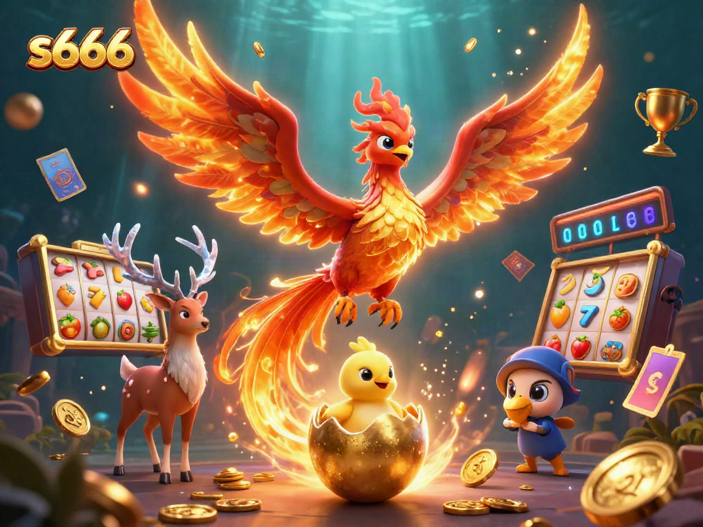 Play exciting slot games with vibrant s666 graphics featuring a phoenix and gaming elements.