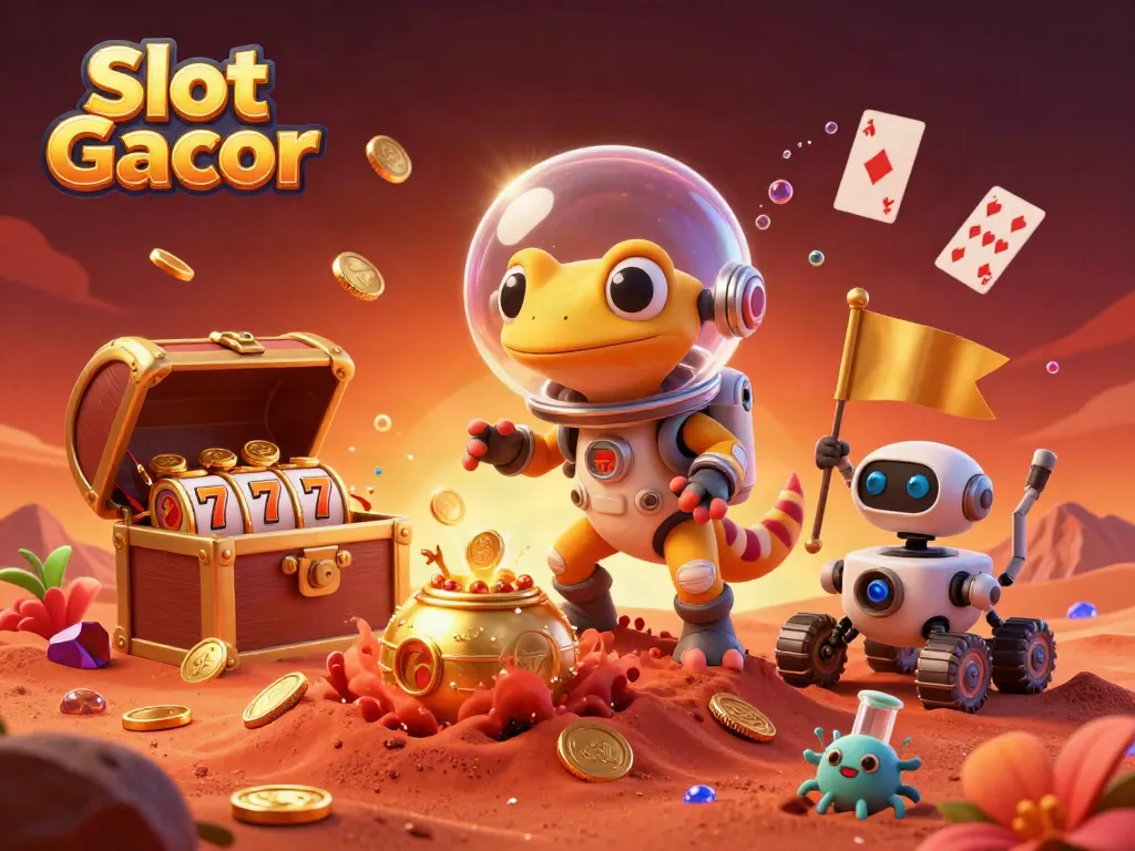 Experience Slot Gacor as a Martian gecko uncovers a hidden casino treasure in a vibrant cosmic landscape.