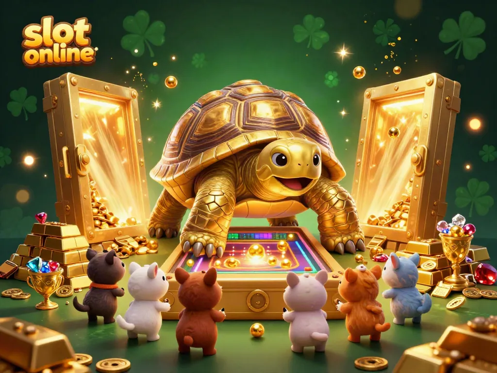 Experience the thrill of slot online with a colossal tortoise pinball machine, gold treasures, and vibrant characters.