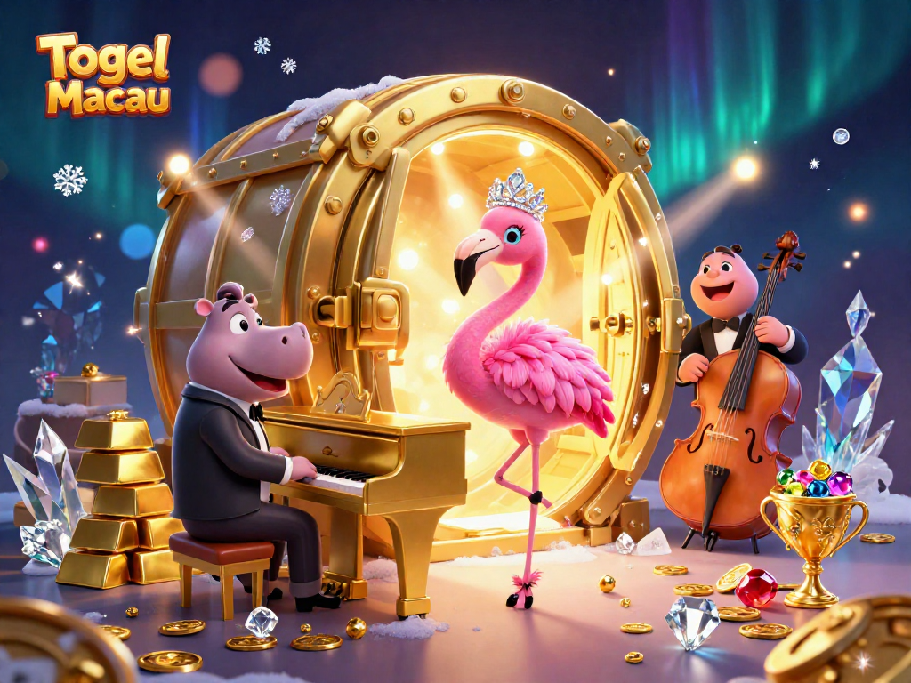 Togel Macau offers an exciting casino experience with a vibrant 3D illustration featuring a flamingo singer and hippo bassist.