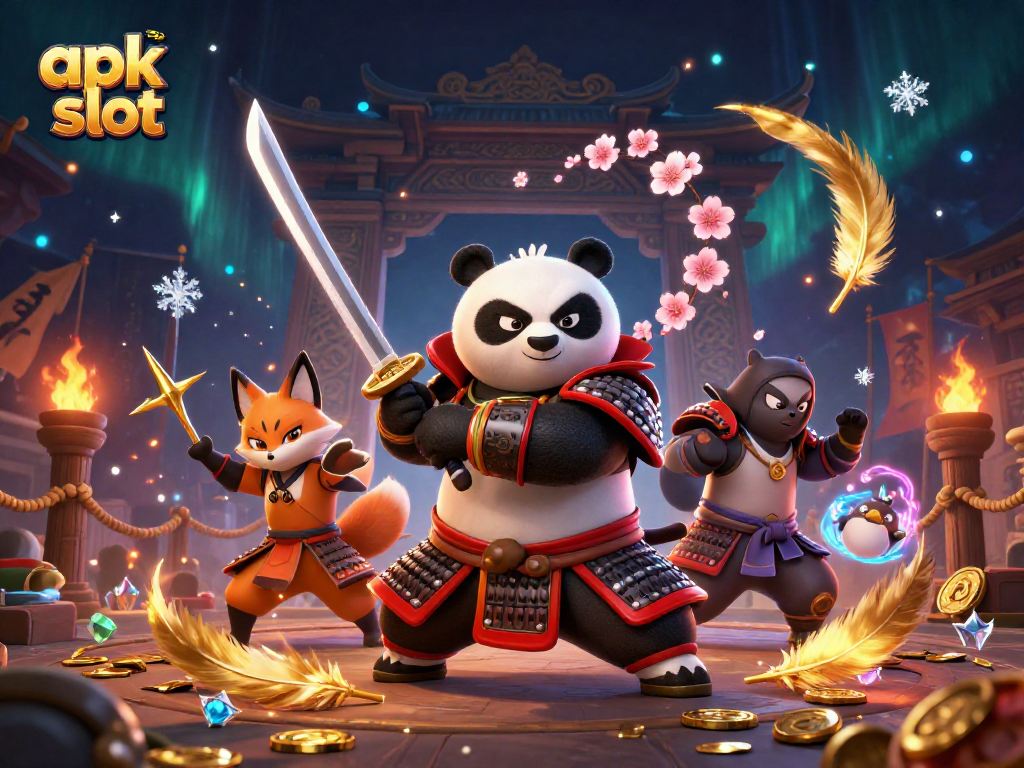 Bermain apk slot dengan karakter unik dalam ilustrasi 3D, menunjukkan panda samurai dan teman ninja.