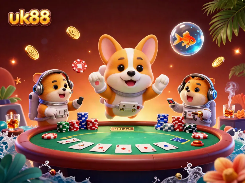 Experience the thrilling cosmos of uk88 with floating characters in a vibrant casino setting, full of chips and stars.