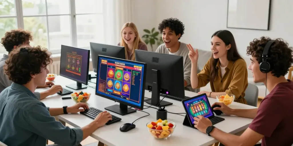 Friends discussing strategies for winning at slot gacor hari ini over a gaming table