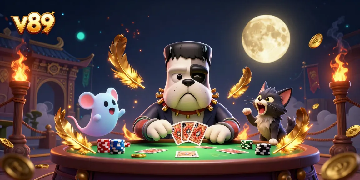 Permainan kartu v89 yang menarik dengan karakter Frankenstein dan kucing werewolf menghadirkan suasana kasino yang seru.